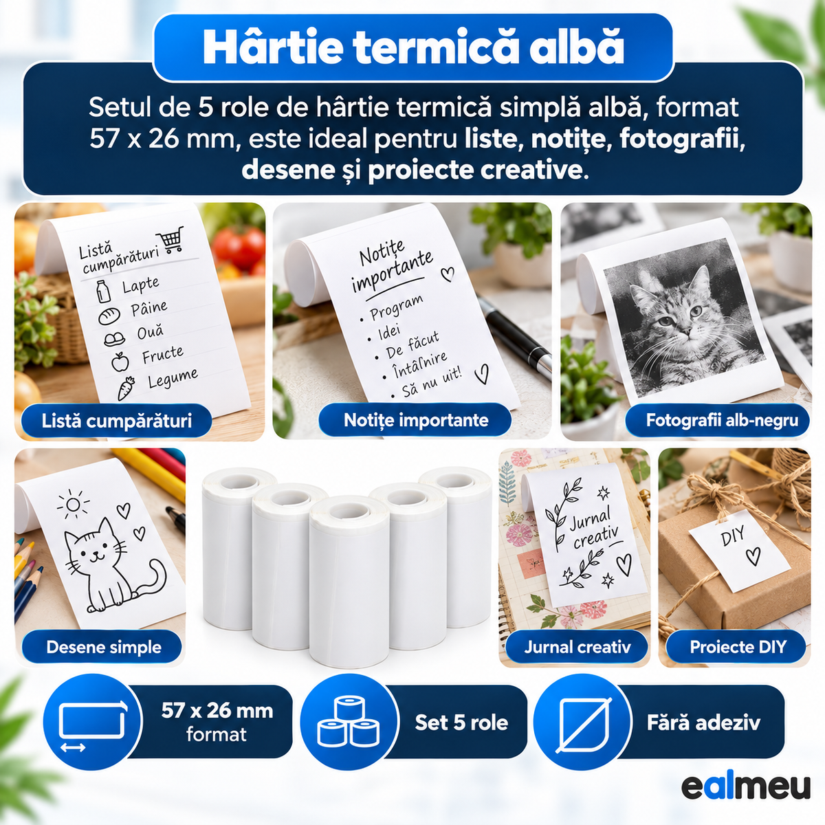 EALMEU white plain thermal rolls, 57 x 26 mm, non-adhesive, for lists, notes, black-and-white photos and drawings