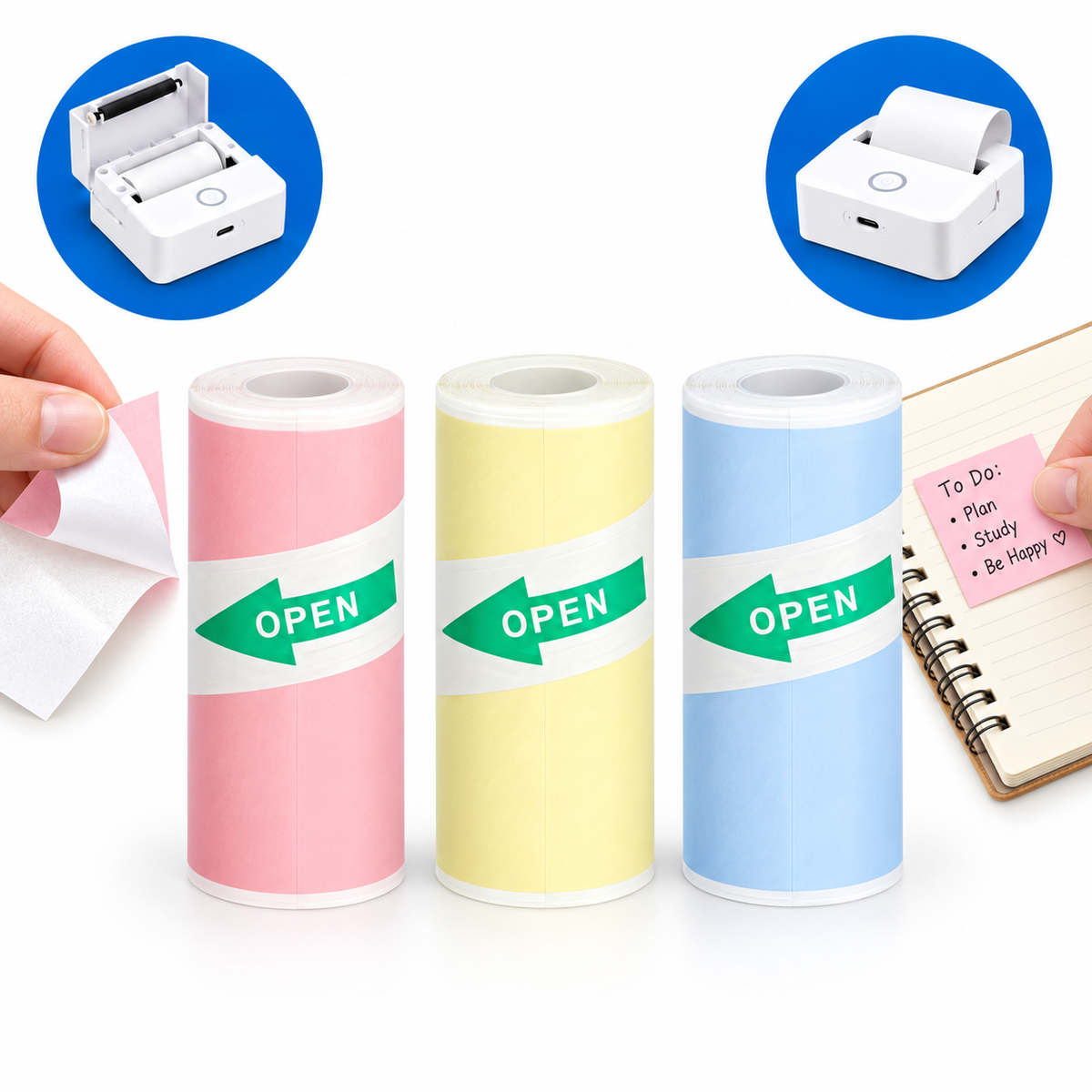 Set 3 role hârtie termică autoadezivă colorată EALMEU 57 x 26 mm, roz, galben și albastru, cu notiță lipită pe caiet