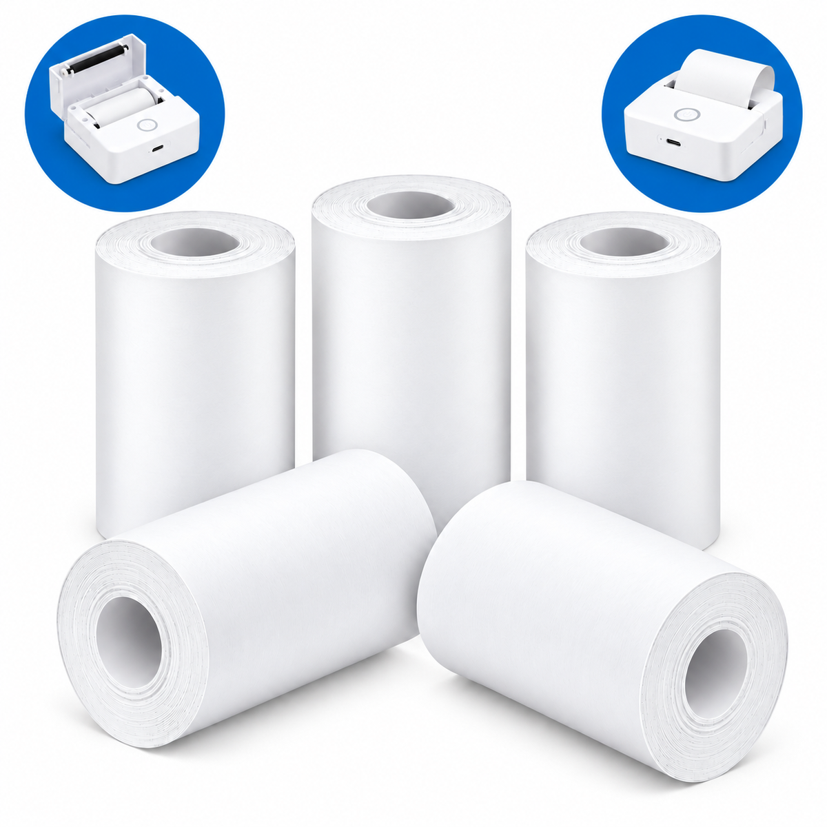 Set of 5 EALMEU white plain thermal paper rolls, 57 x 26 mm, for portable mini printers