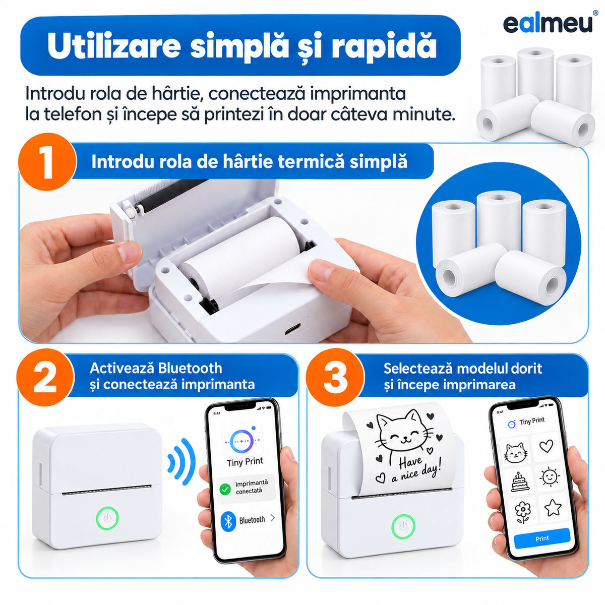 How to use EALMEU white thermal paper: load the roll, connect the printer via Bluetooth and pick a design in the app