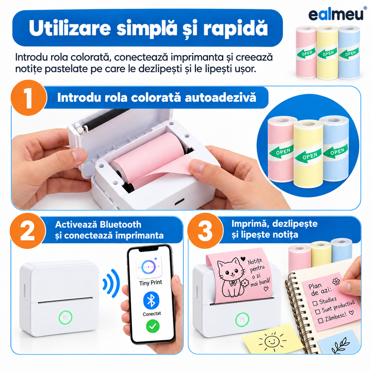 Cum se folosește hârtia termică autoadezivă colorată EALMEU: introdu rola, conectează imprimanta prin Bluetooth, imprimă și lipește
