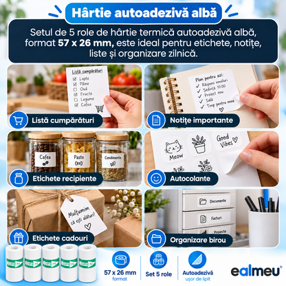 Utilizări hârtie termică autoadezivă albă EALMEU: liste, notițe, etichete recipiente, autocolante, cadouri și organizare birou