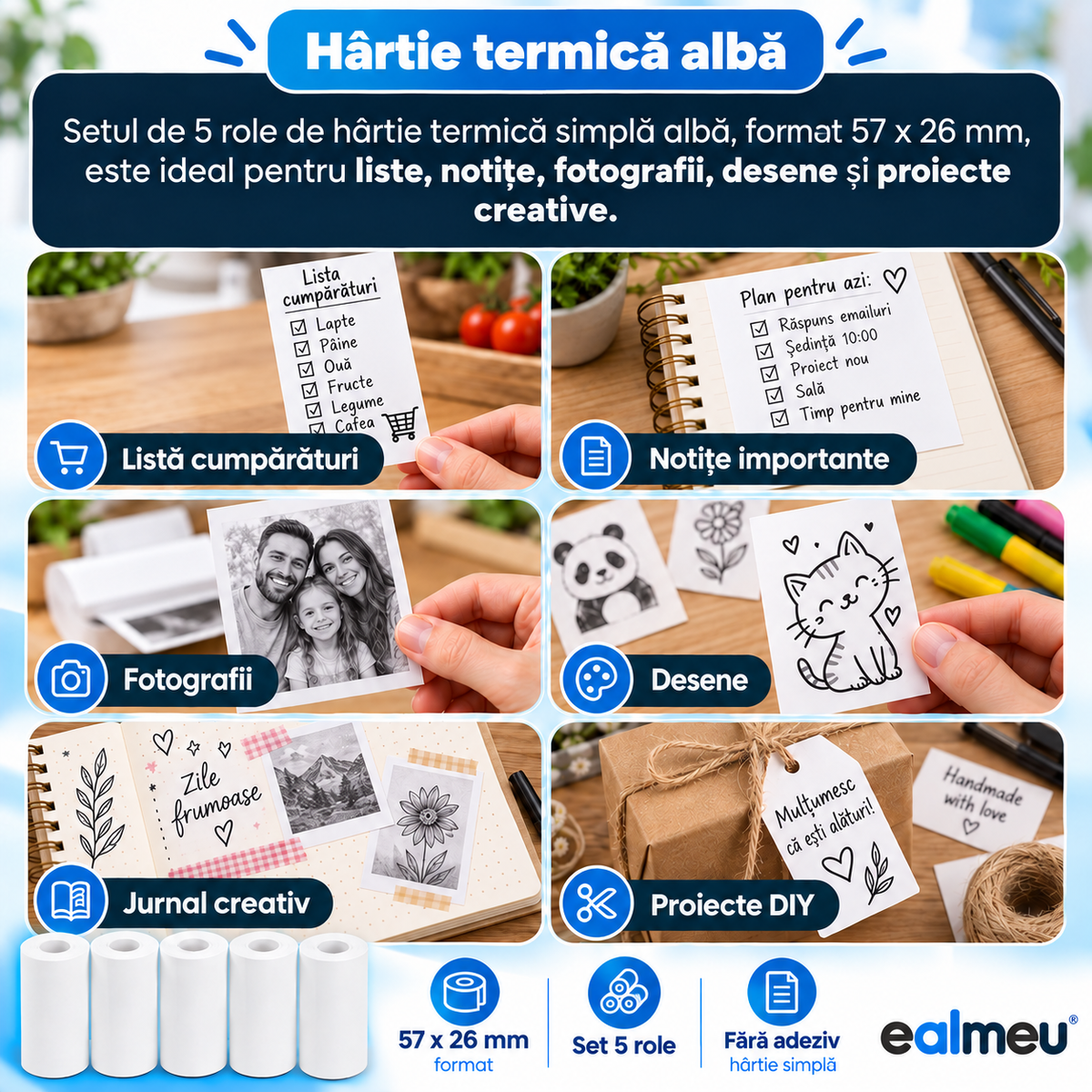 Uses for EALMEU white thermal paper: shopping list, important notes, photos, drawings, creative journaling and DIY