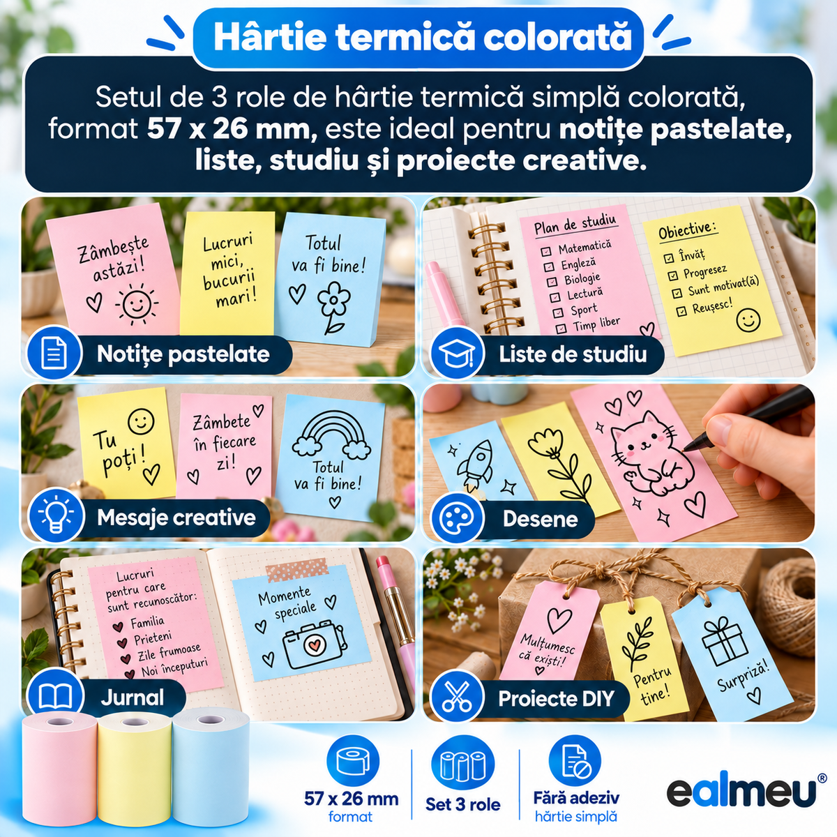 Utilizări hârtie termică colorată EALMEU: notițe pastelate, liste de studiu, mesaje creative, desene, jurnal și proiecte DIY