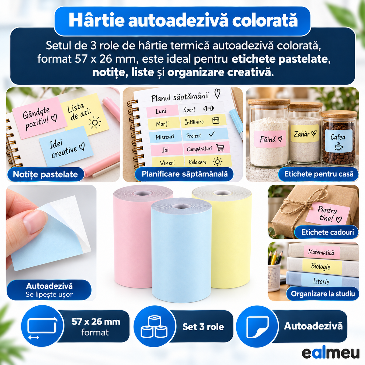 EALMEU colored self-adhesive thermal rolls, 57 x 26 mm, for notes, weekly planning, home labels and gift tags
