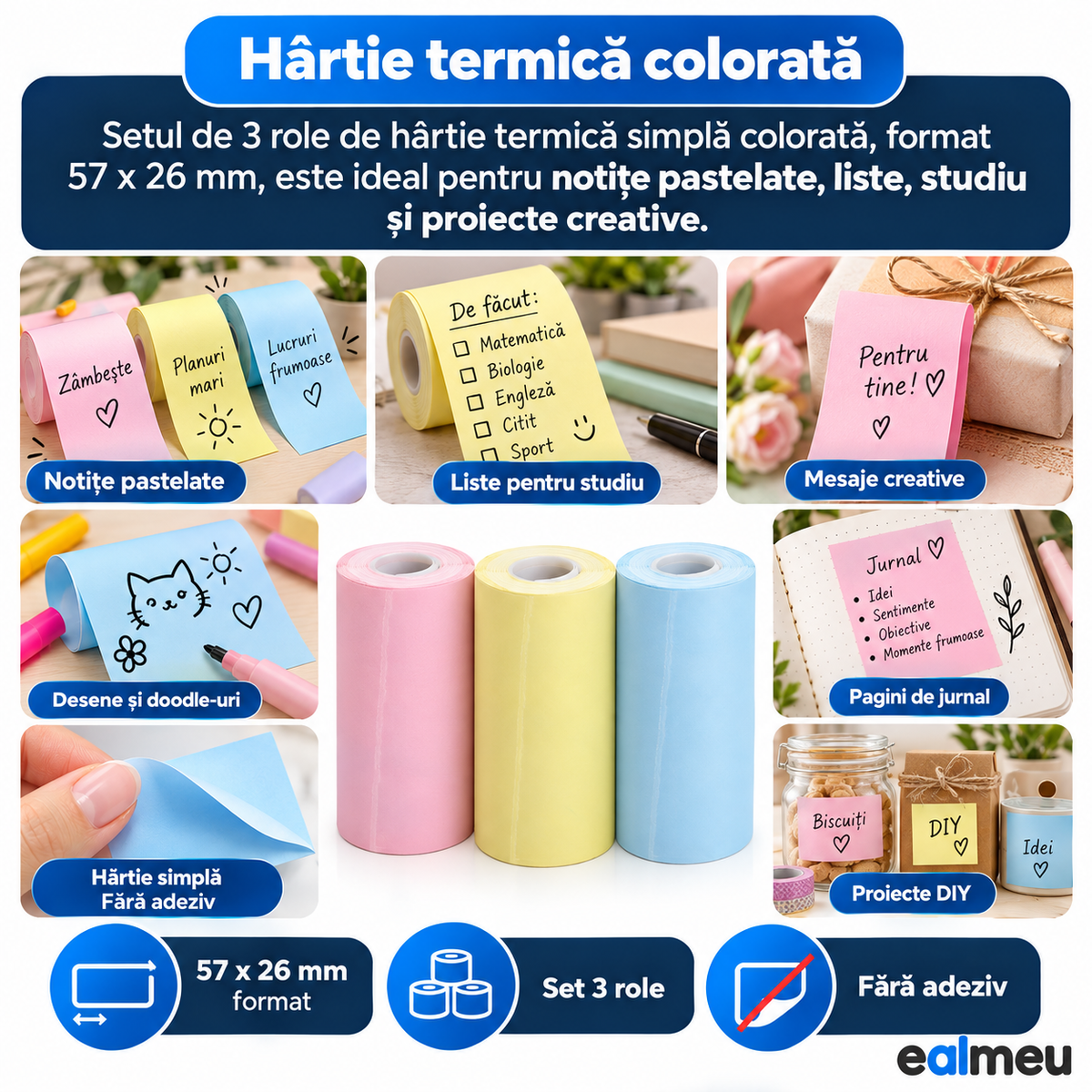 Έγχρωμα απλά θερμικά ρολά EALMEU 57 x 26 mm, χωρίς κόλλα, για σημειώσεις, λίστες μελέτης, doodles, journaling και DIY