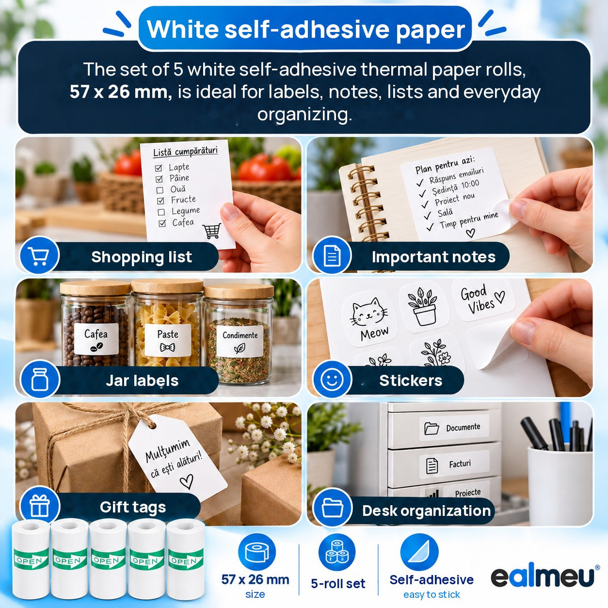 Uses for EALMEU white self-adhesive thermal paper: lists, notes, jar labels, stickers, gift tags and desk organization