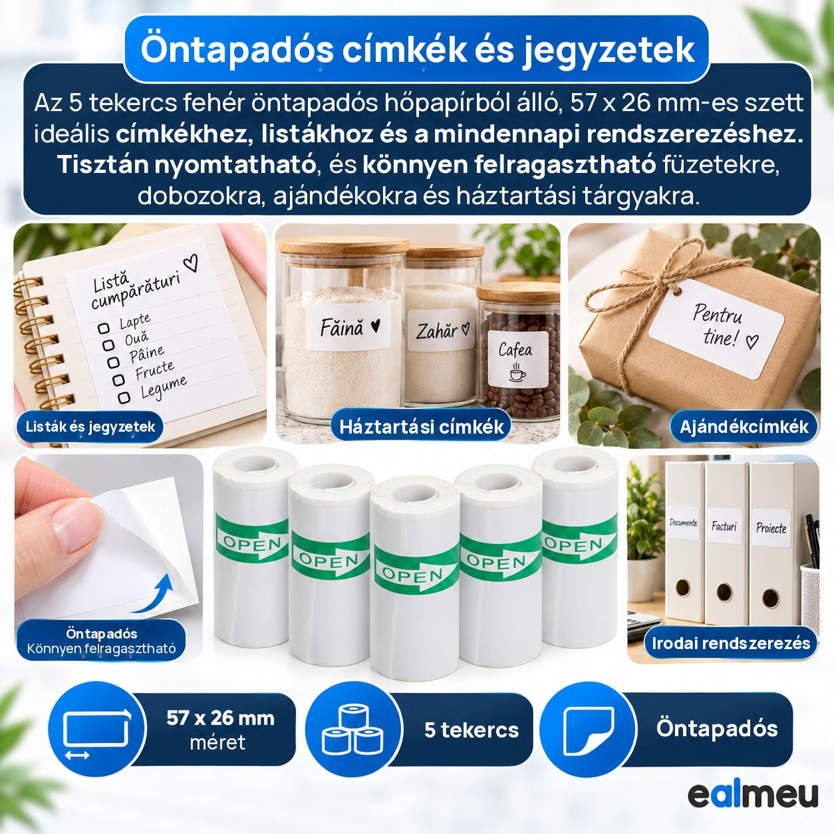 Öntapadós EALMEU címkék és jegyzetek, 57 x 26 mm, füzeteken, befőttesüvegeken, ajándékokon és irattartókon