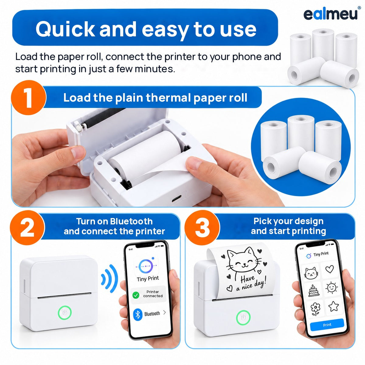 How to use EALMEU white thermal paper: load the roll, connect the printer via Bluetooth and pick a design in the app