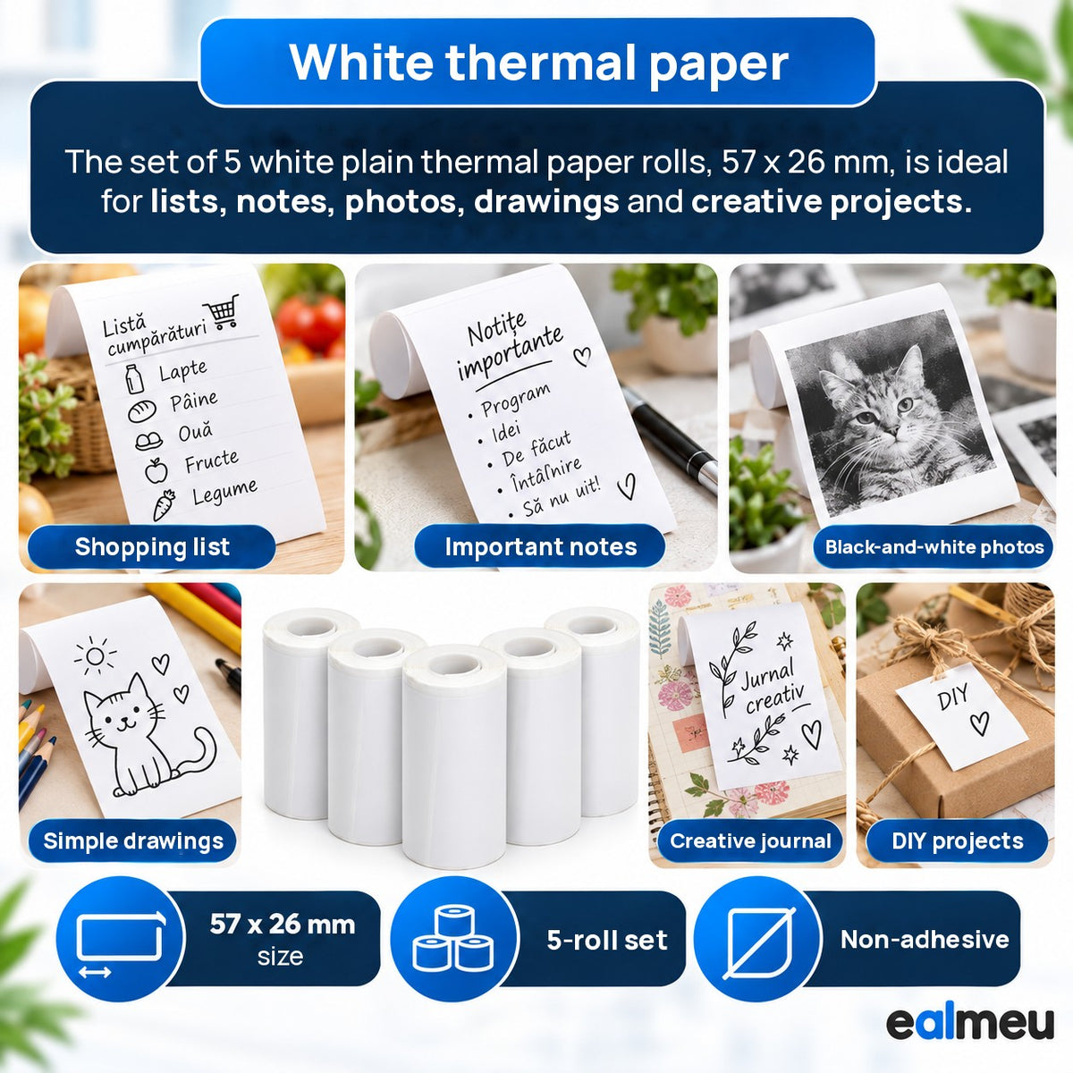 EALMEU white plain thermal rolls, 57 x 26 mm, non-adhesive, for lists, notes, black-and-white photos and drawings