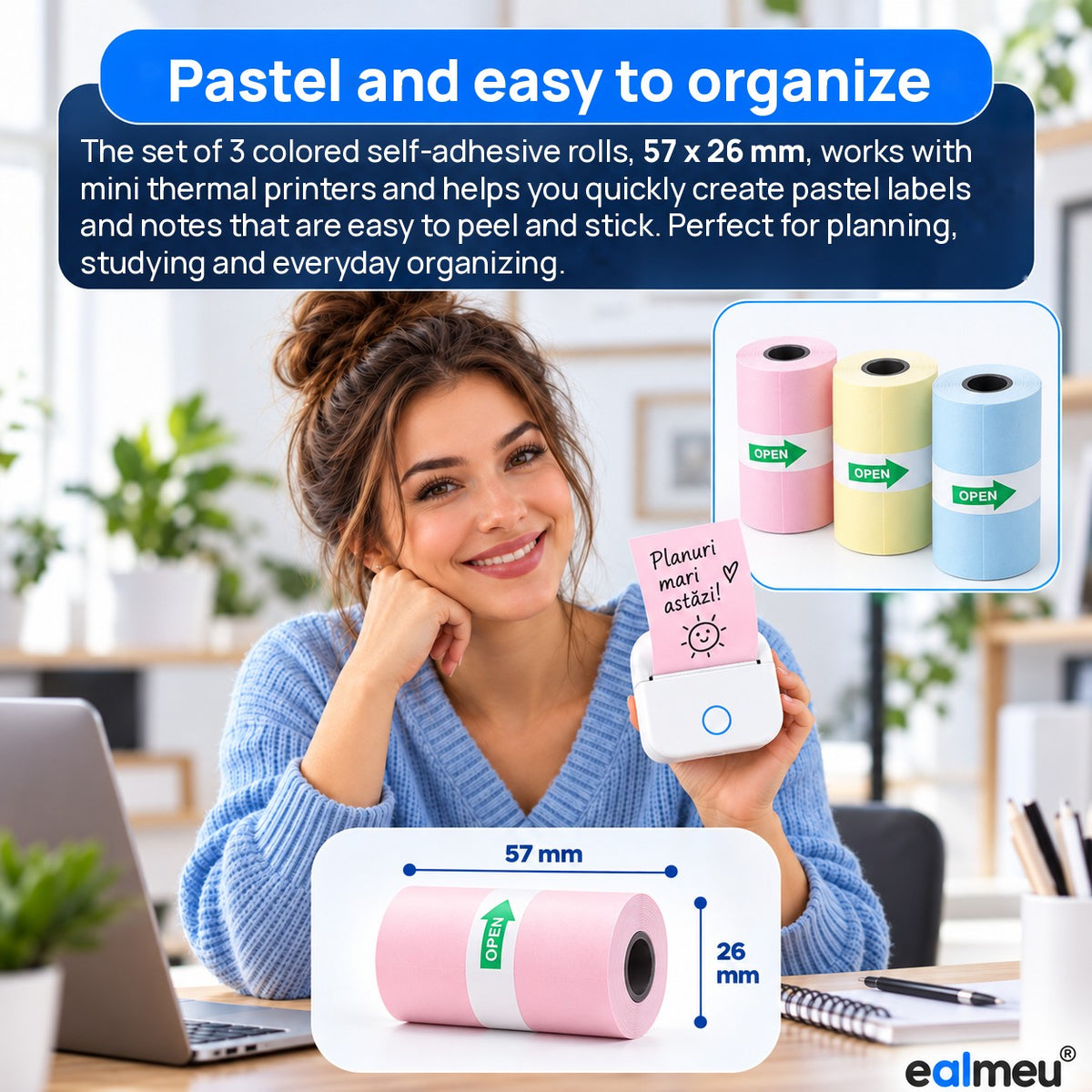 Woman holding an EALMEU mini thermal printer with a pink sticky note; colored rolls 57 mm wide and 26 mm in diameter