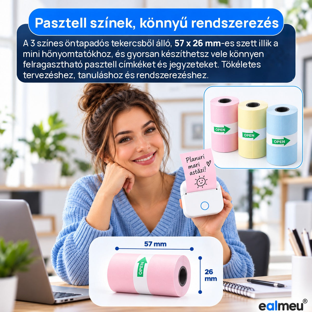 Nő EALMEU mini hőnyomtatóval és rózsaszín öntapadós jegyzettel; 57 mm széles, 26 mm átmérőjű színes tekercsek