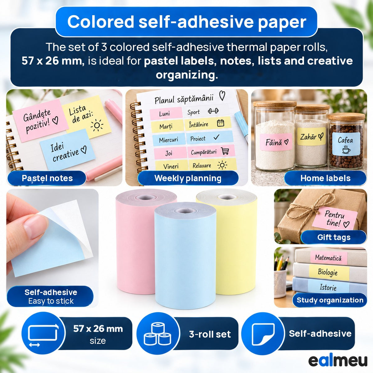EALMEU colored self-adhesive thermal rolls, 57 x 26 mm, for notes, weekly planning, home labels and gift tags