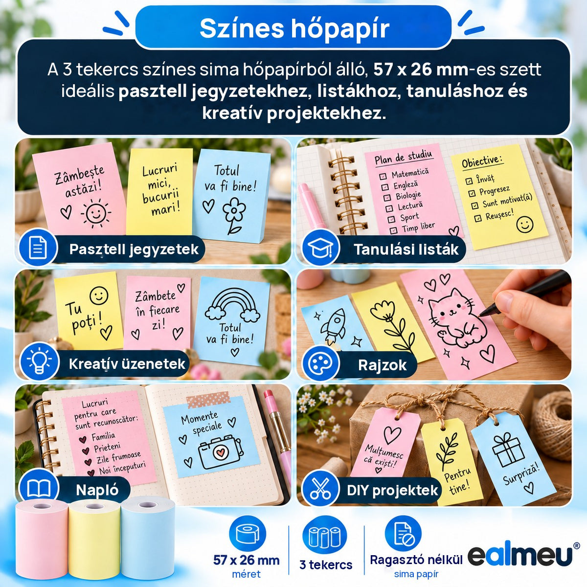Az EALMEU színes hőpapír felhasználása: pasztell jegyzetek, tanulási listák, kreatív üzenetek, rajzok, napló és DIY